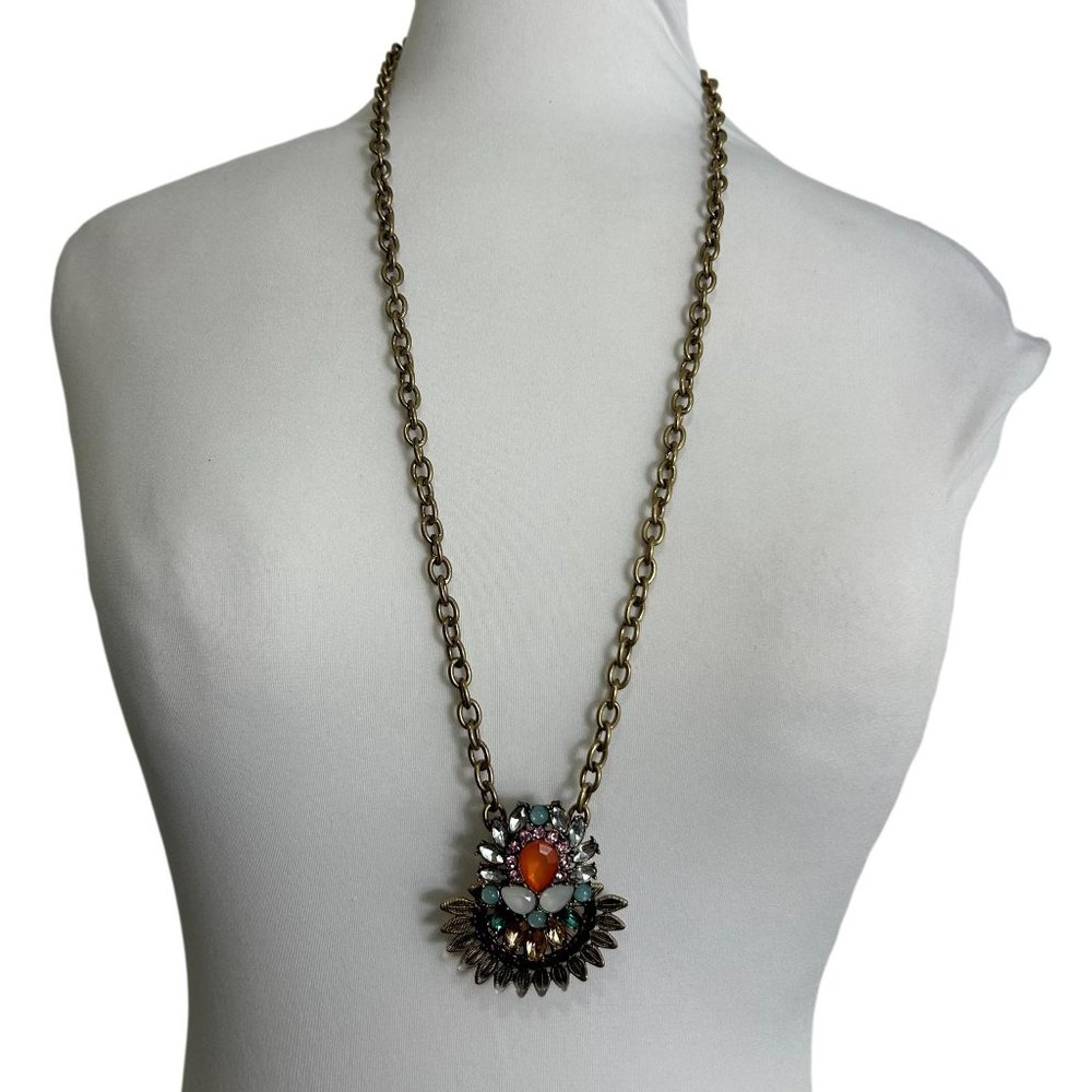 Long Tunic Length Pendant Necklace Gold Tone Multi Color Rhinestones Statement